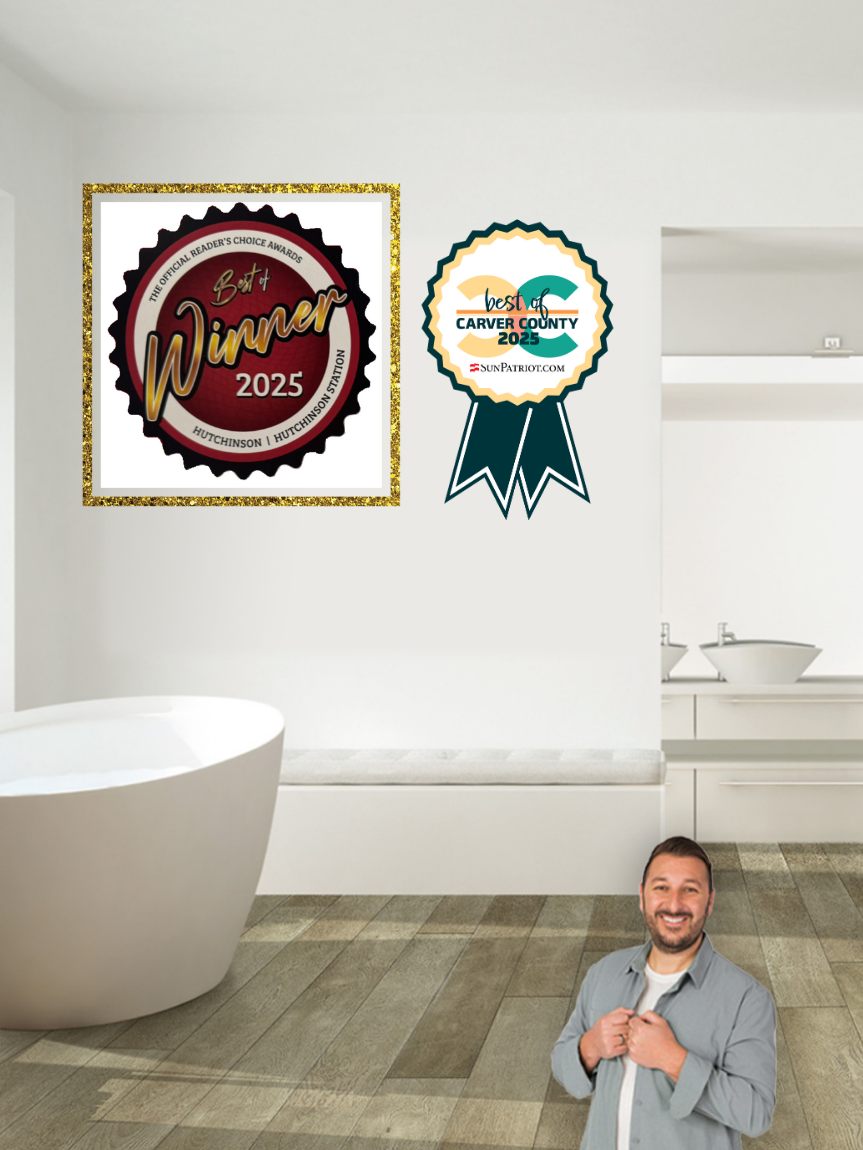 Locally Owned Flooring store owner Brent showing new flooring in bathroom